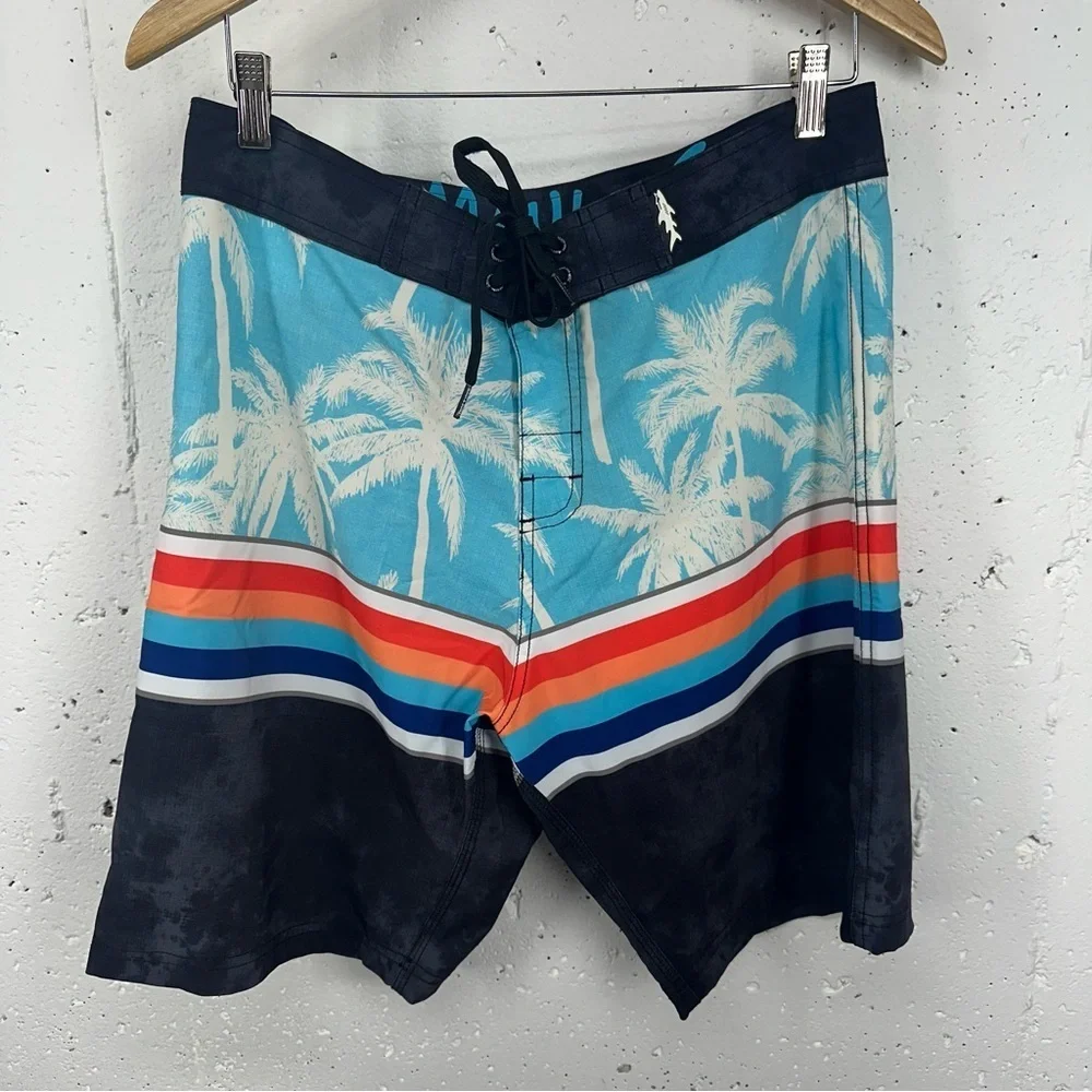 Maui and Sons Men’s Size 32 Black Shark 4 Way Stretch Palm Tree Board Shorts